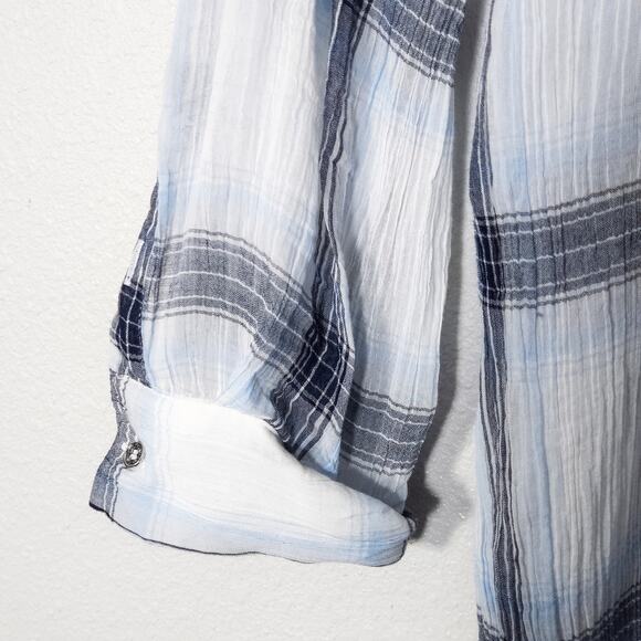 Calvin Klein Women’s Gauzy Plaid Shirt Dress Coastal Minimalist Light Cotton L - Picture 7 of 8